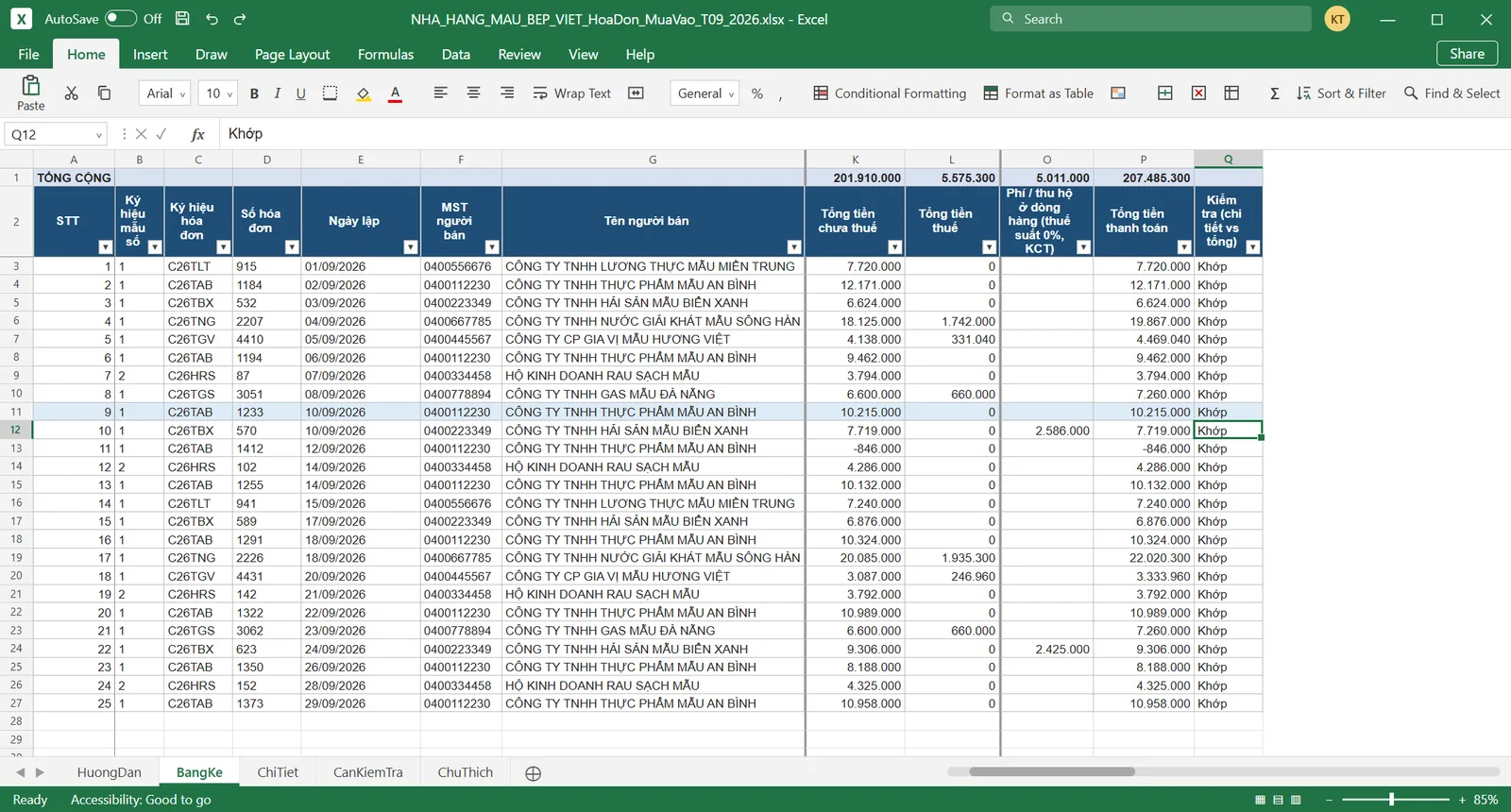 Excel bảng kê