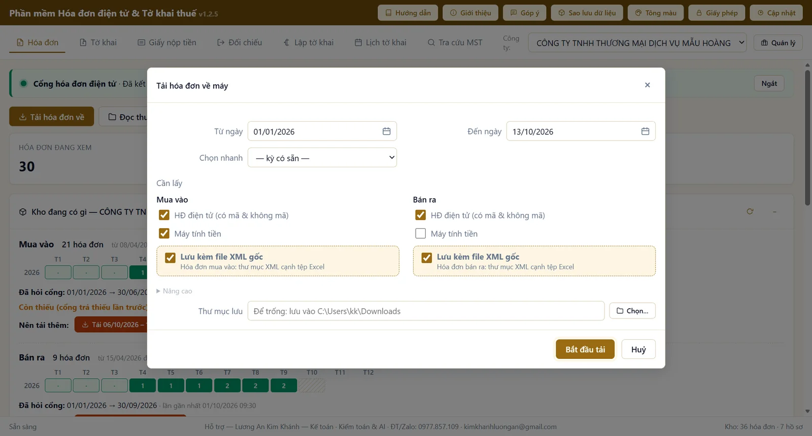 Hộp tải hóa đơn về máy: chọn khoảng ngày, mua vào hay bán ra, lưu kèm tệp XML gốc